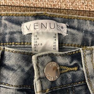 VENUS Denim Blue Women's Jeans with elaborate beading and flowers on flare legs.
